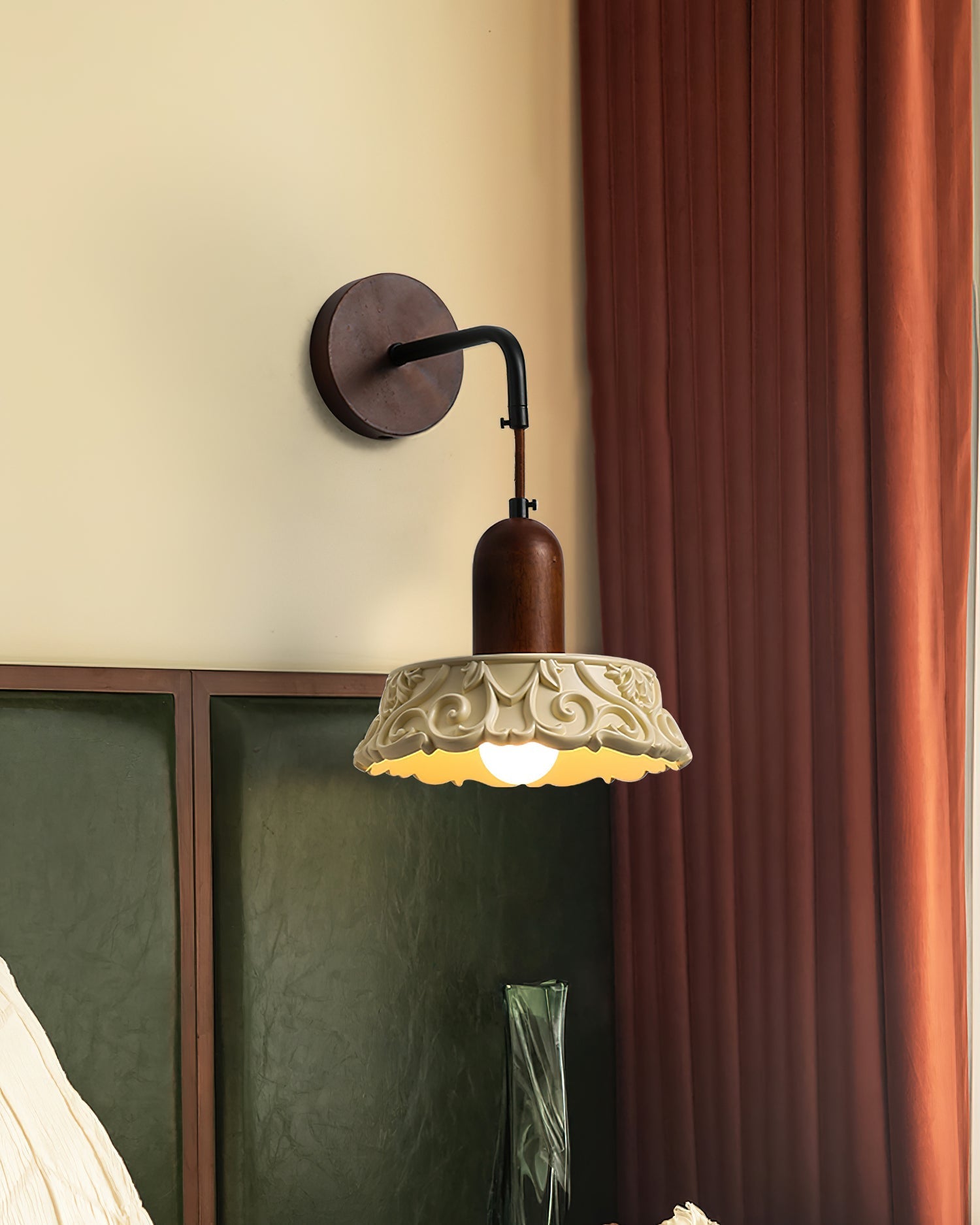 Wall Lamp with Carved Resin Shade Walnut Wood Arm Vintage - Neutralighting