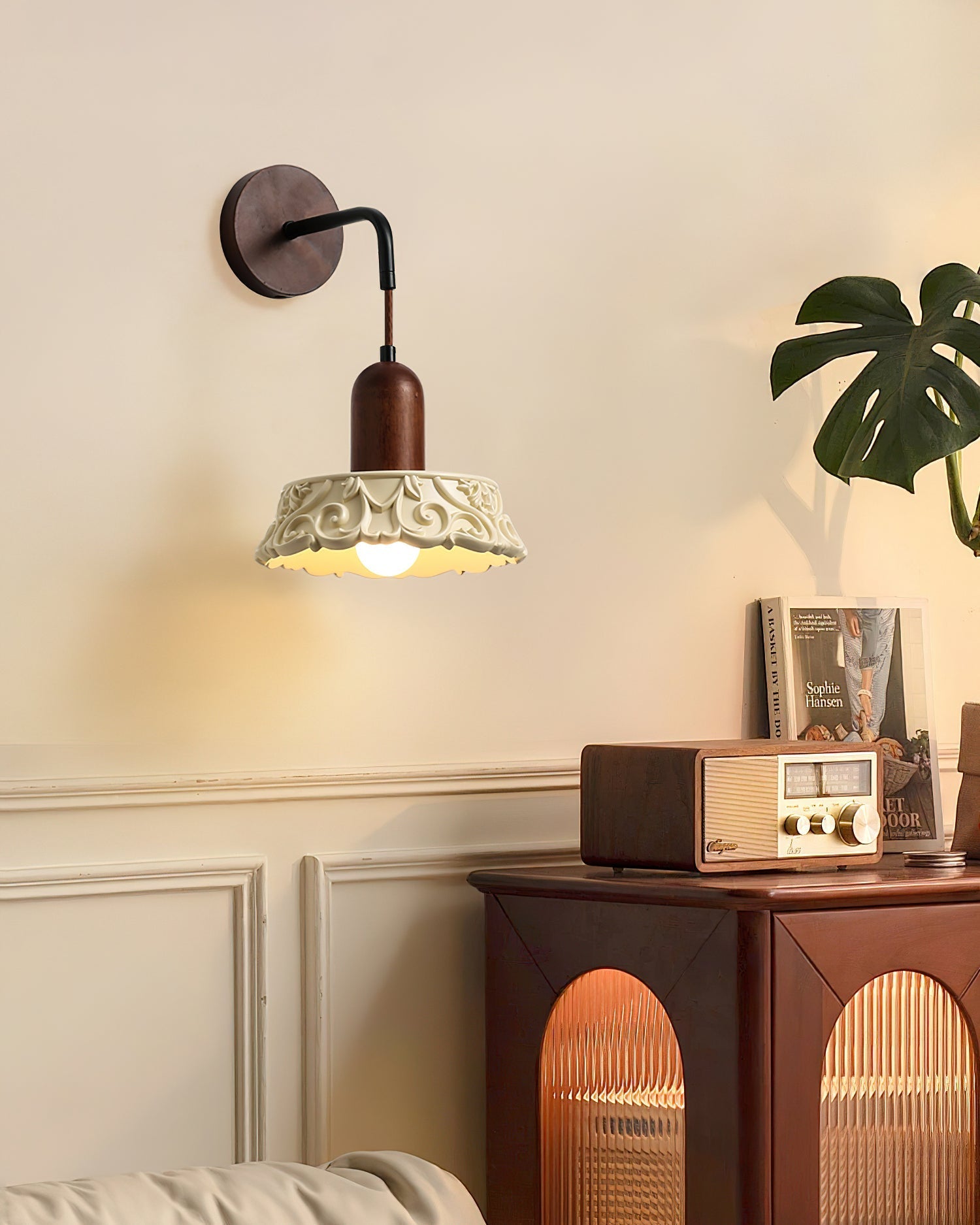 Wall Lamp with Carved Resin Shade Walnut Wood Arm Vintage - Neutralighting