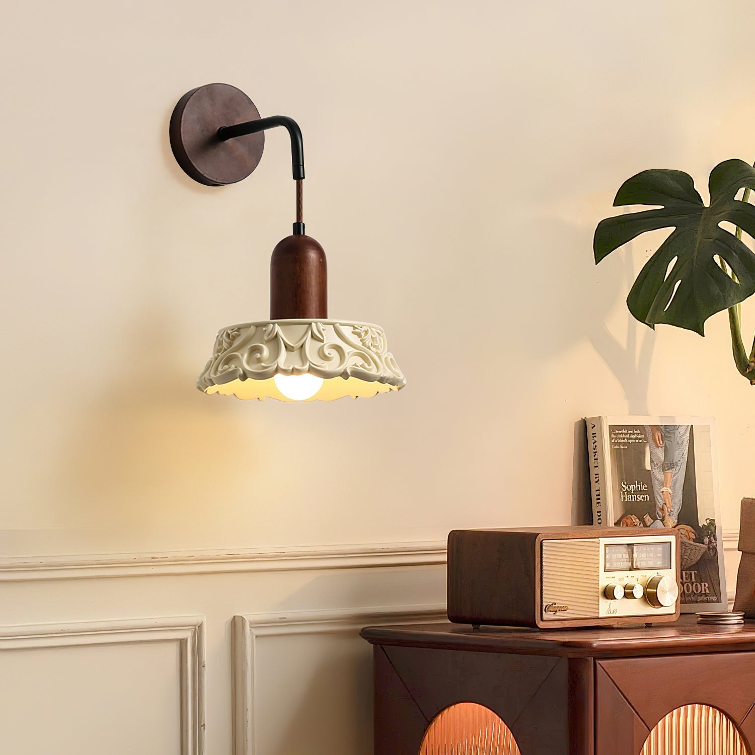 Wall Lamp with Carved Resin Shade Walnut Wood Arm Vintage - Neutralighting