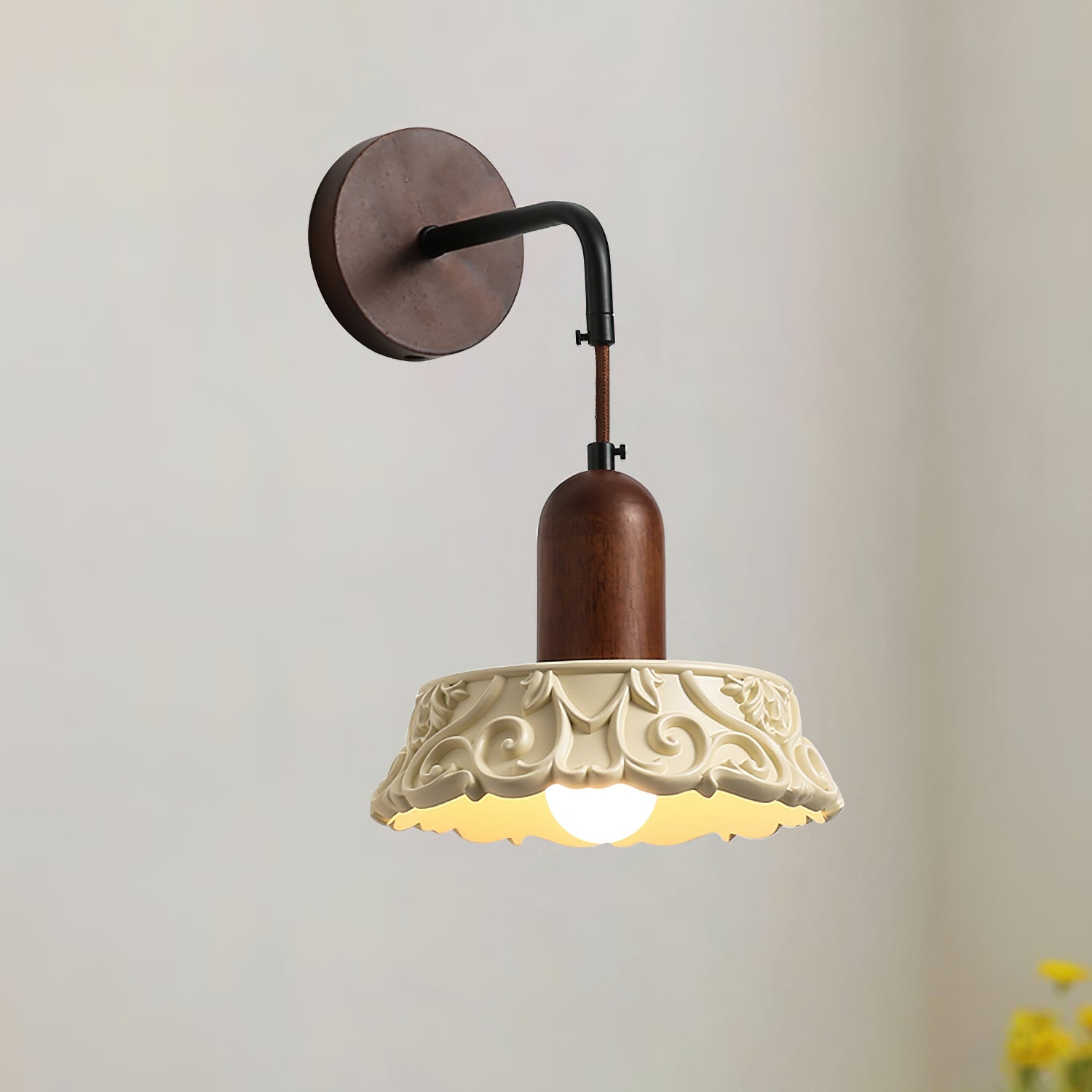 Wall Lamp with Carved Resin Shade Walnut Wood Arm Vintage - Neutralighting