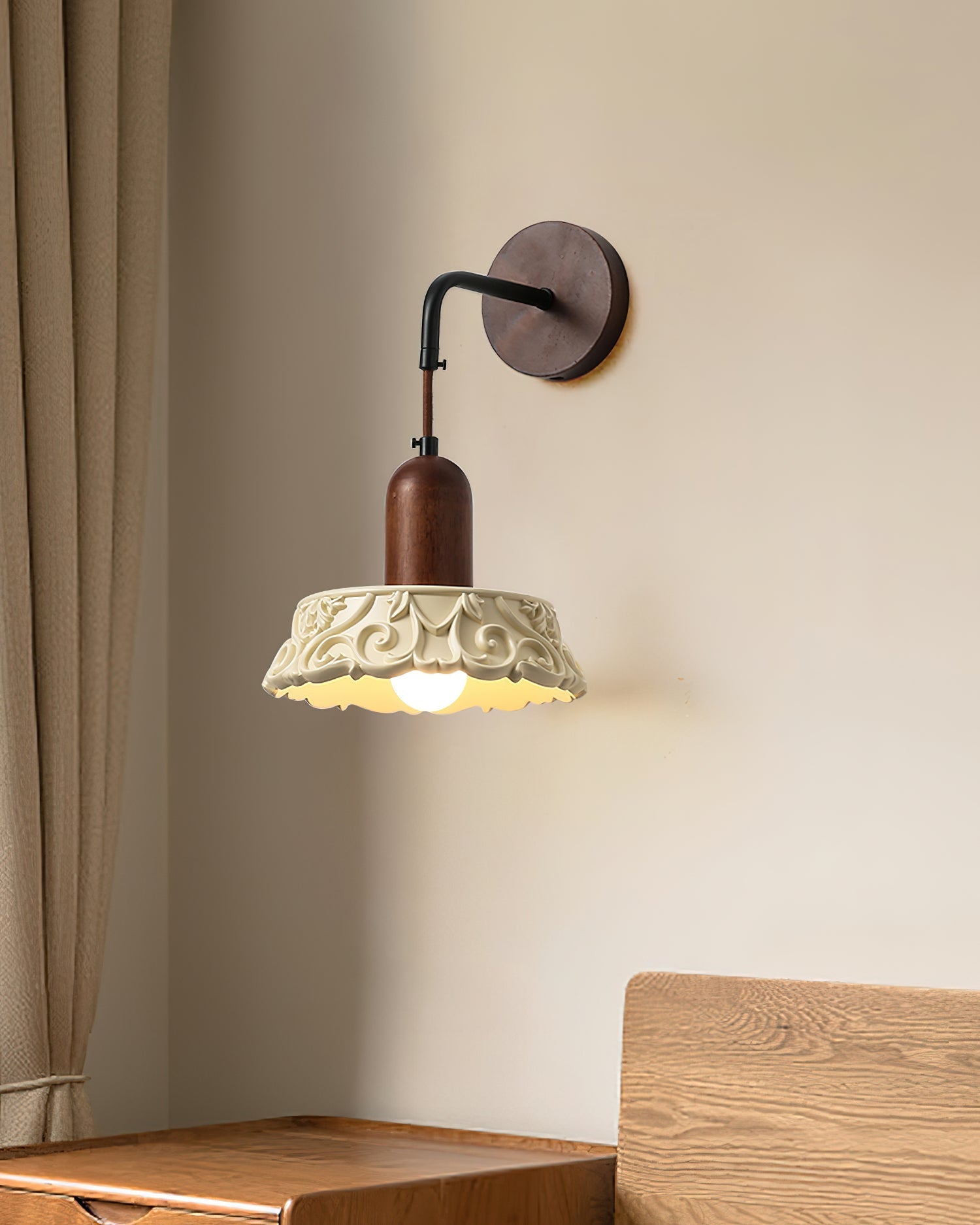 Wall Lamp with Carved Resin Shade Walnut Wood Arm Vintage - Neutralighting
