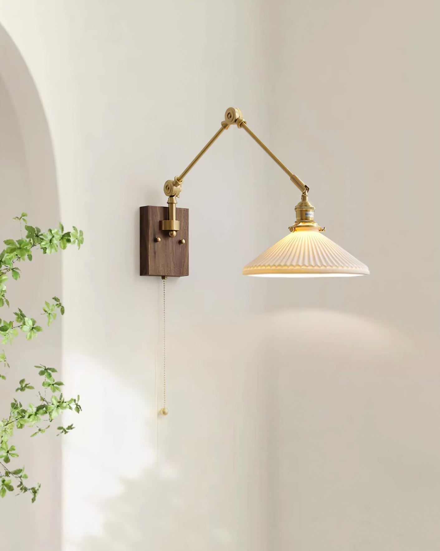 Wall Lamp Adjustable Arm Pleated Shade Walnut Base Vintage Task - Neutralighting