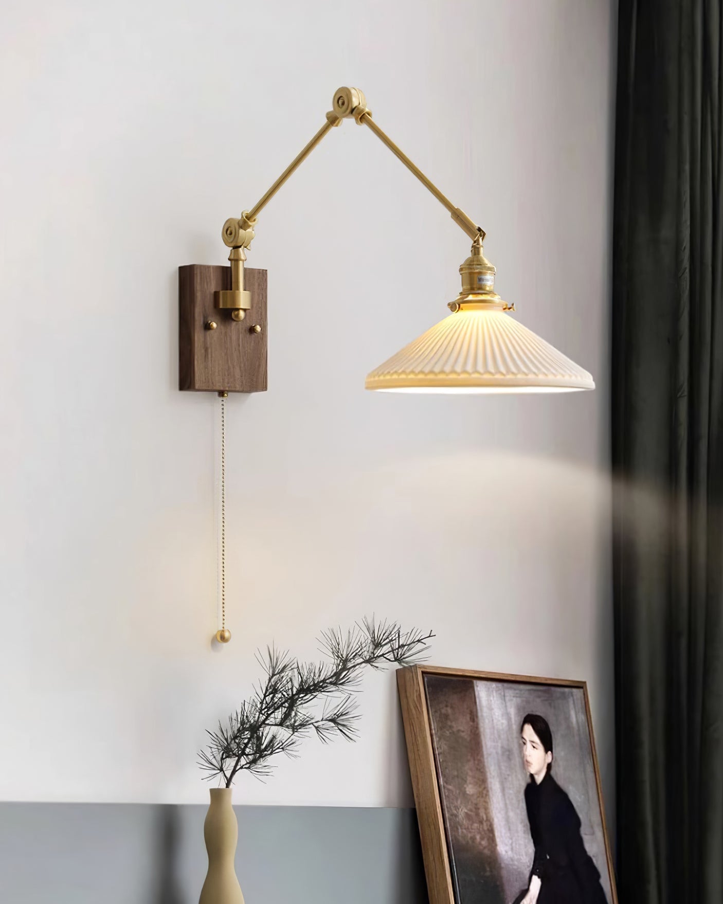 Wall Lamp Adjustable Arm Pleated Shade Walnut Base Vintage Task - Neutralighting