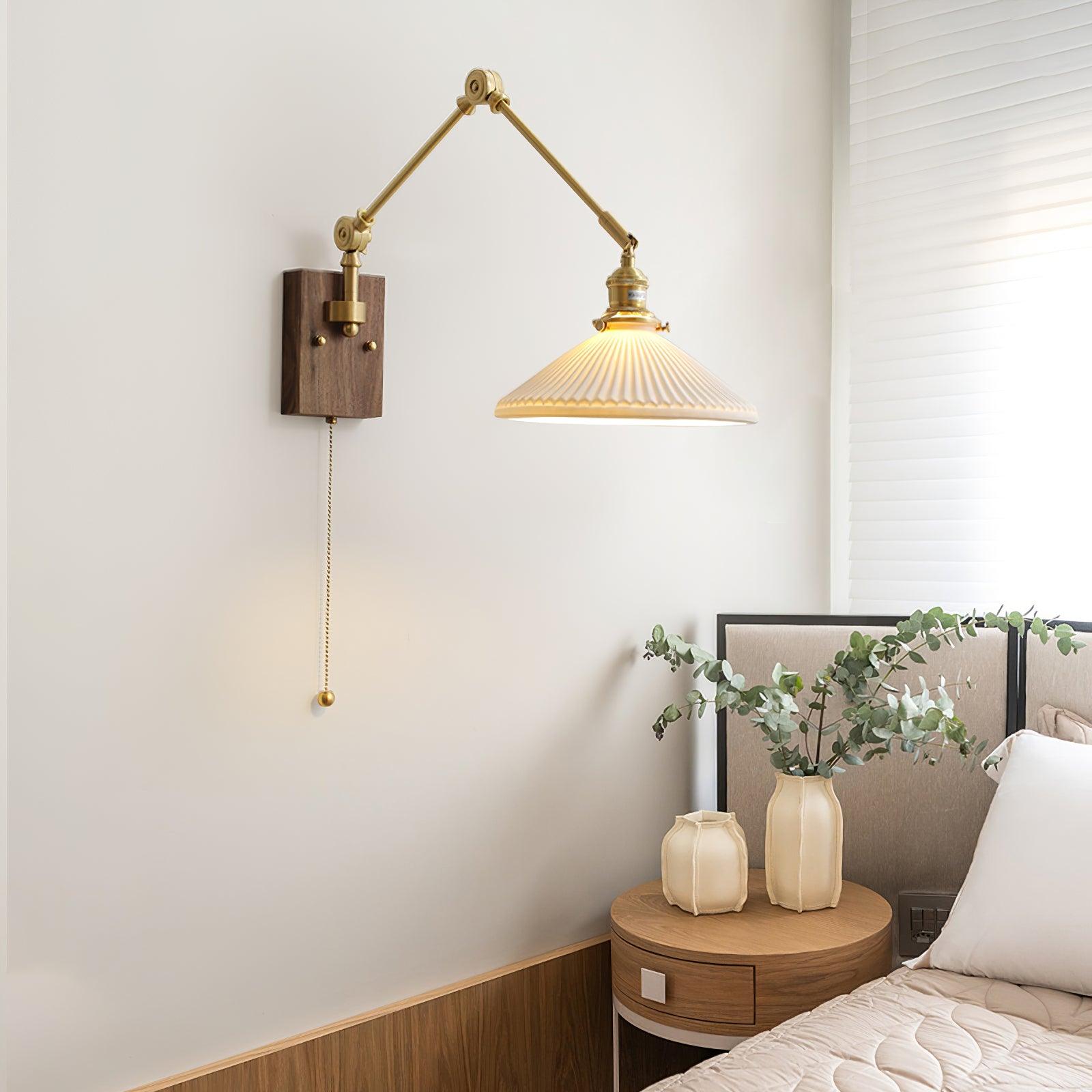 Wall Lamp Adjustable Arm Pleated Shade Walnut Base Vintage Task - Neutralighting