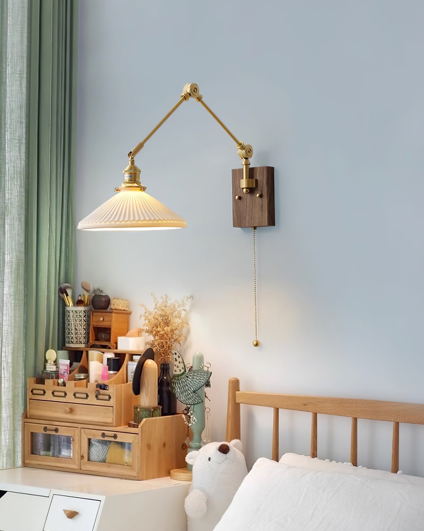 Wall Lamp Adjustable Arm Pleated Shade Walnut Base Vintage Task - Neutralighting