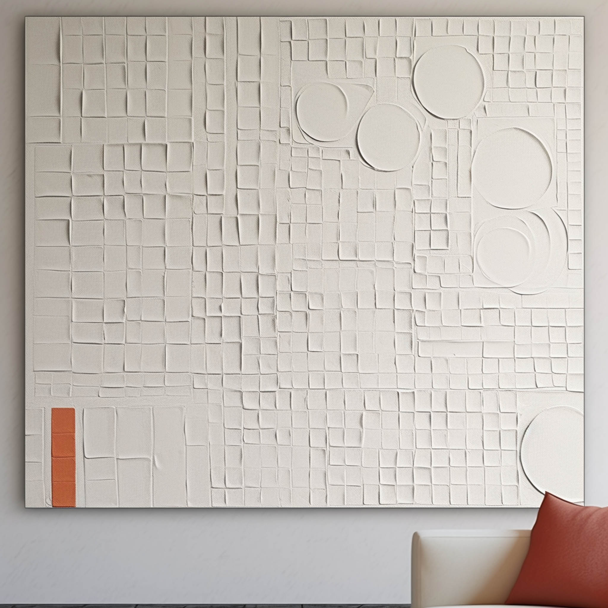 Wall Art White Grid Circle Plaster Relief Canvas