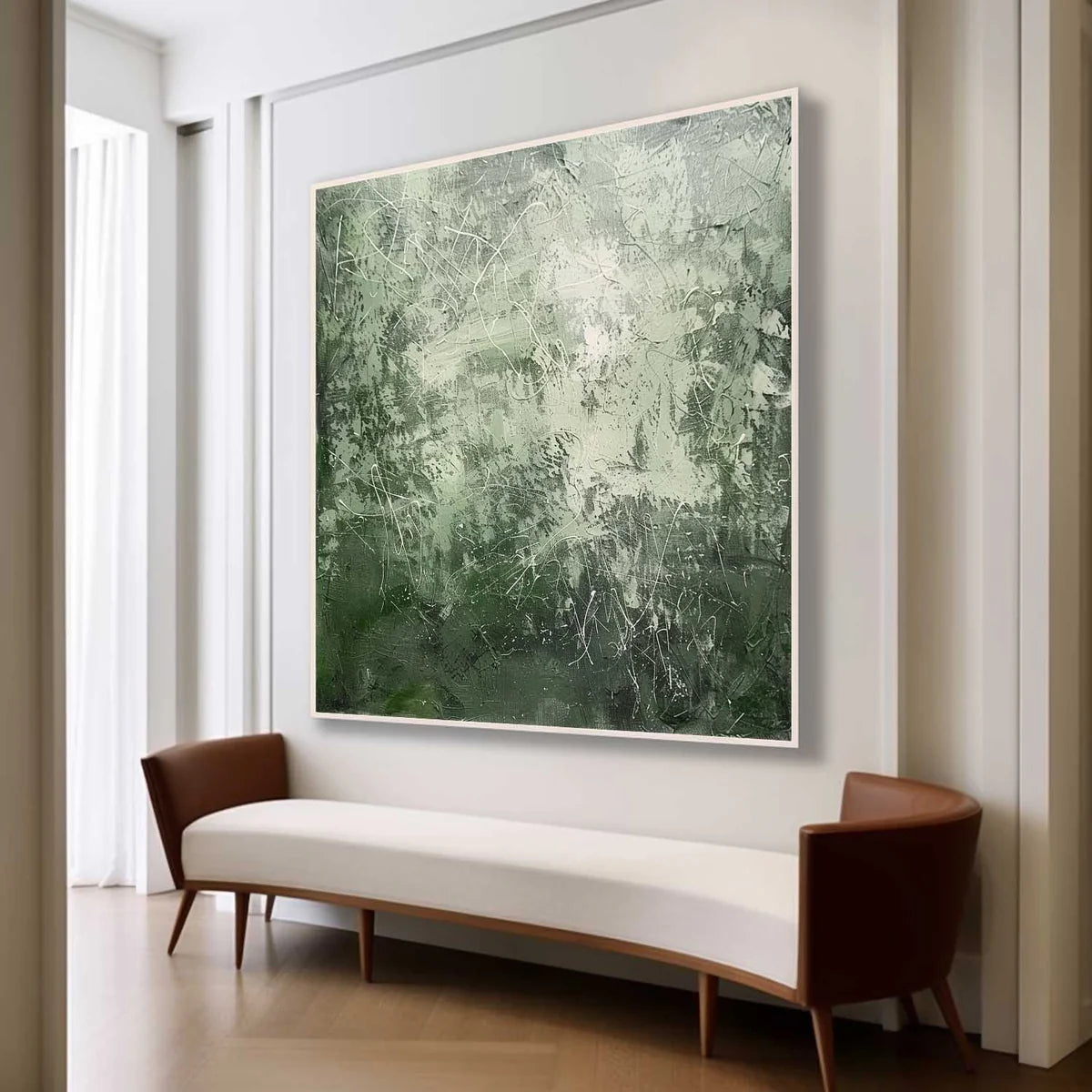Expressionist Tactile Sage Green Oil Painting White Line Calm