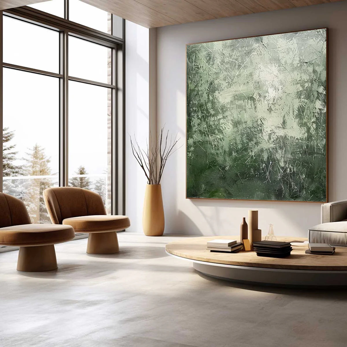 Expressionist Tactile Sage Green Oil Painting White Line Calm