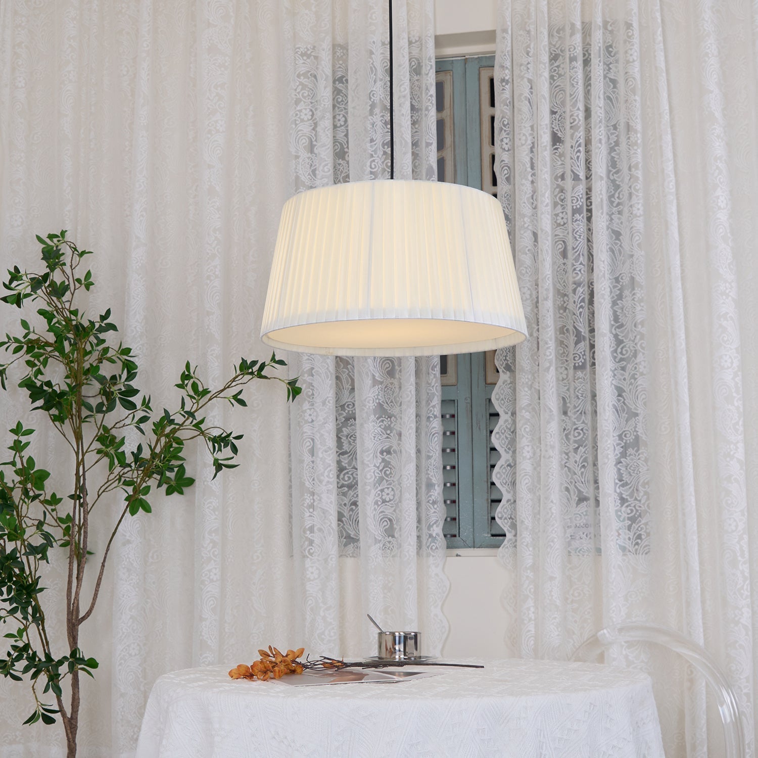 Pendant Light Pleated Fabric Drum - Neutralighting