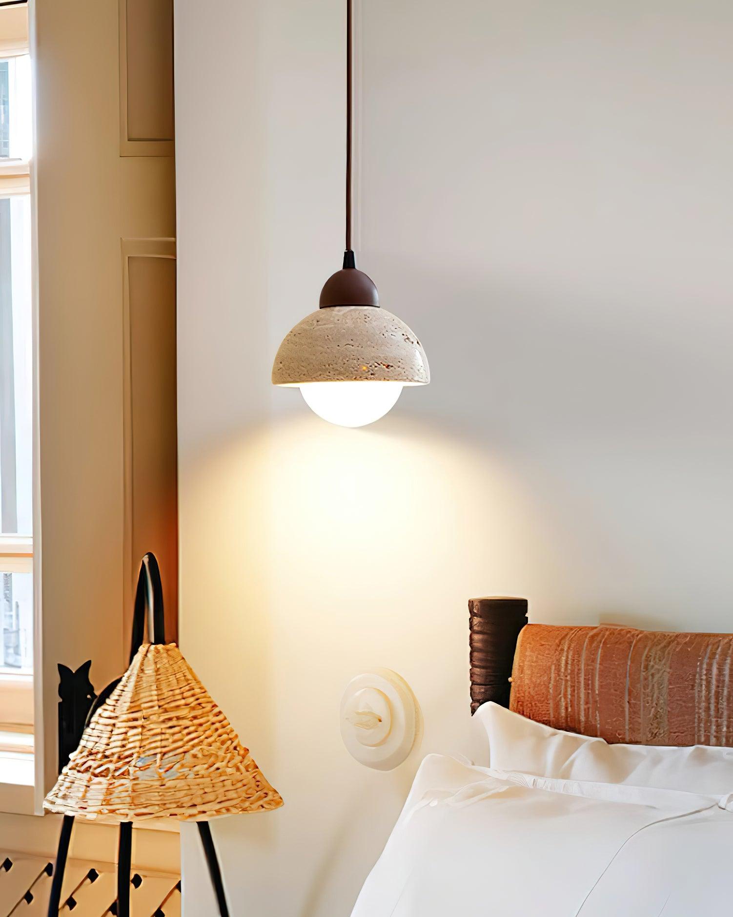 Pendant Lamp Wood Top Yellow Travertine Glass Shade White Beige Modern - Neutralighting