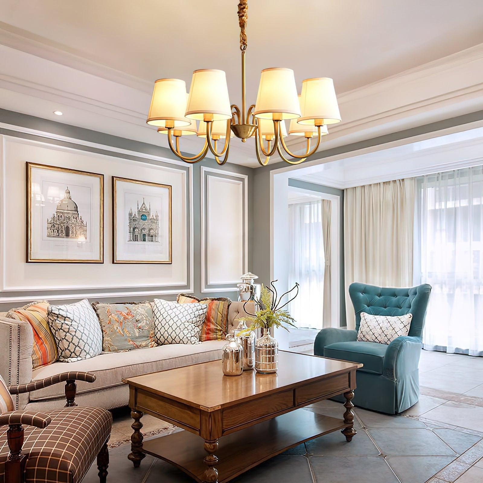 Aged Traditional Stacey Fabric Chandelier - Neutralighting