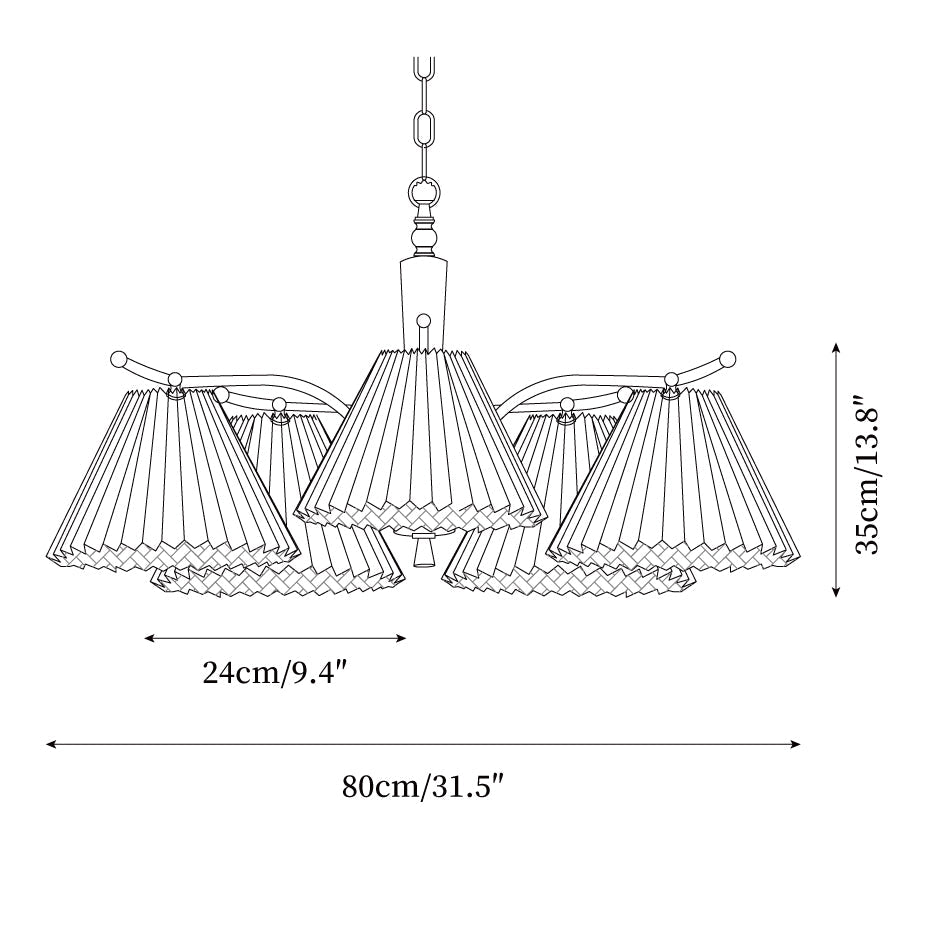 Chandelier Pleated Fabric Shades Walnut Brass Arms Warm Retro - Neutralighting