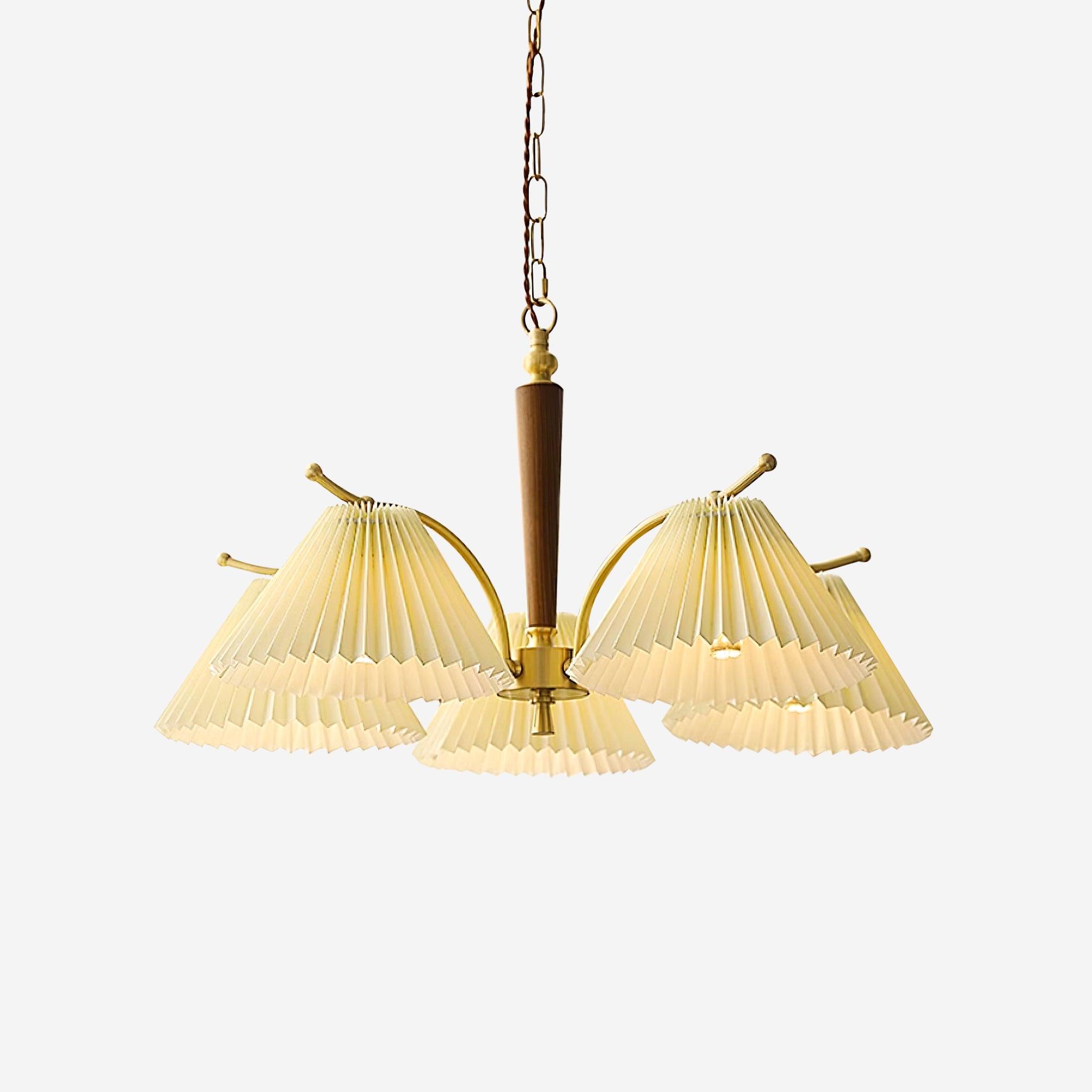 Chandelier Pleated Fabric Shades Walnut Brass Arms Warm Retro - Neutralighting