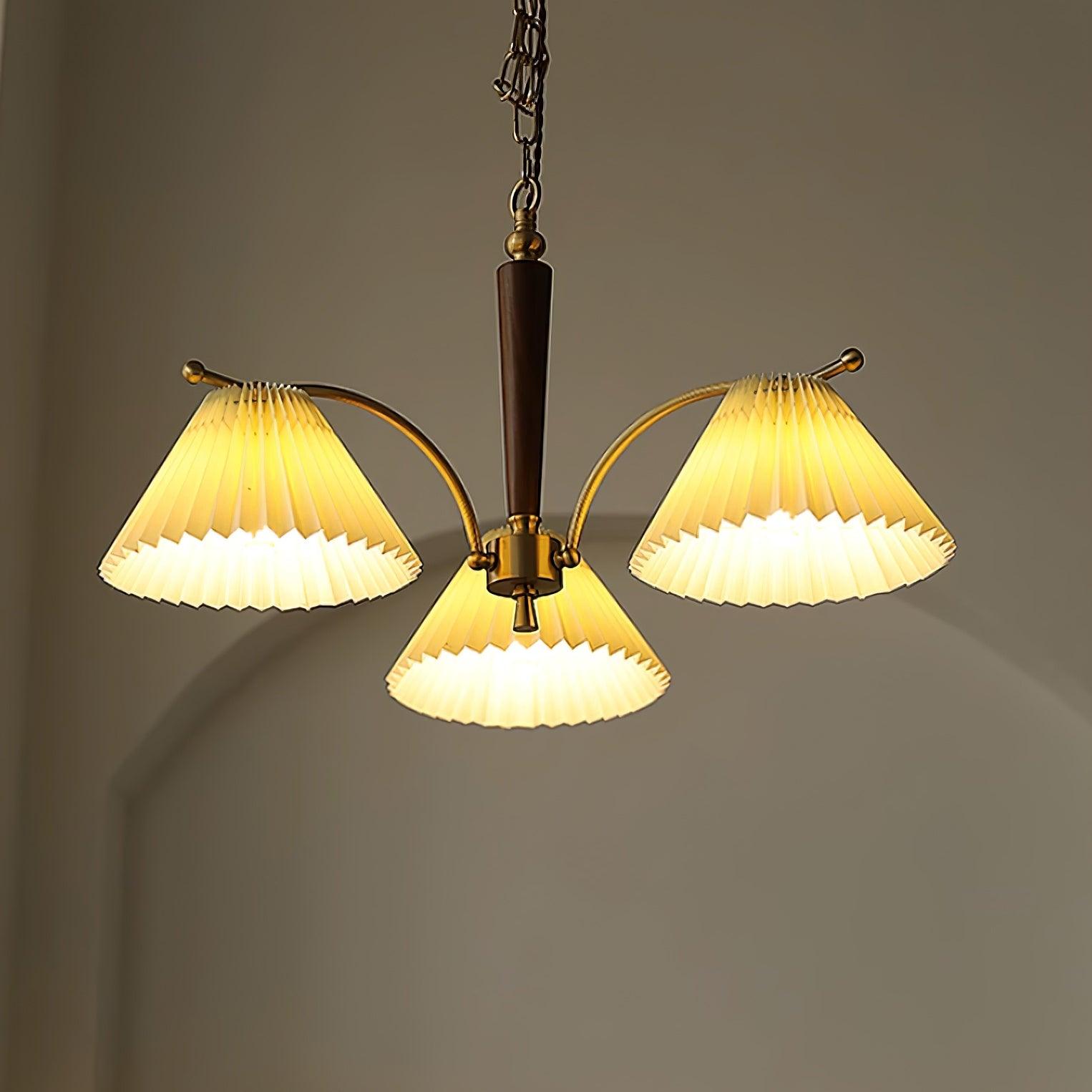 Chandelier Pleated Fabric Shades Walnut Brass Arms Warm Retro - Neutralighting