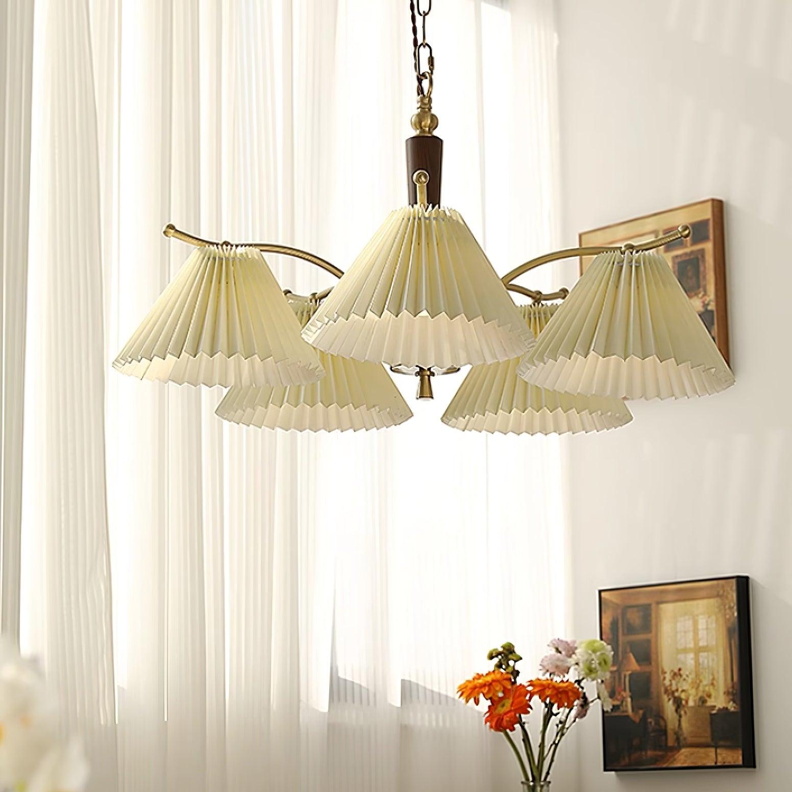Chandelier Pleated Fabric Shades Walnut Brass Arms Warm Retro - Neutralighting