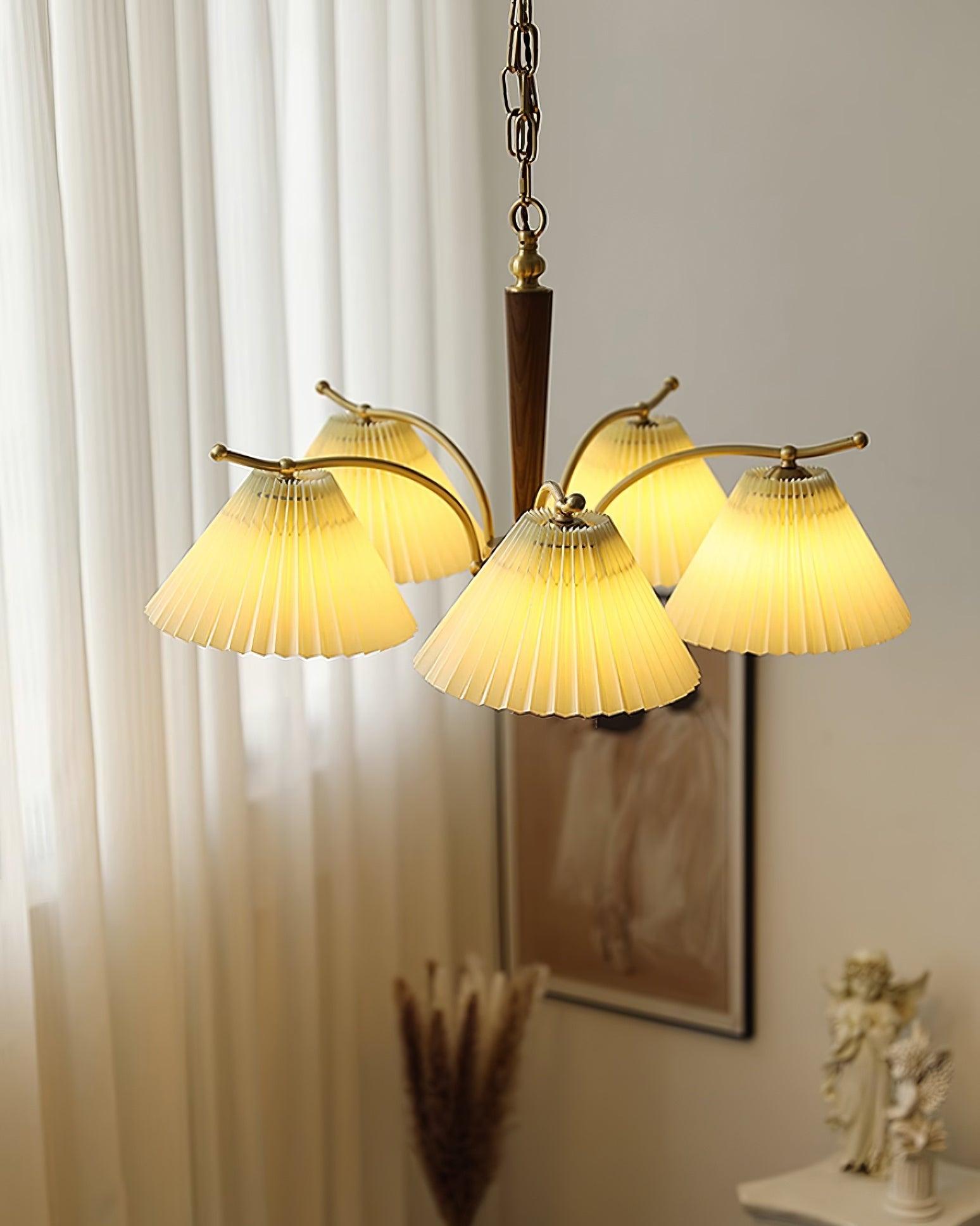 Chandelier Pleated Fabric Shades Walnut Brass Arms Warm Retro - Neutralighting