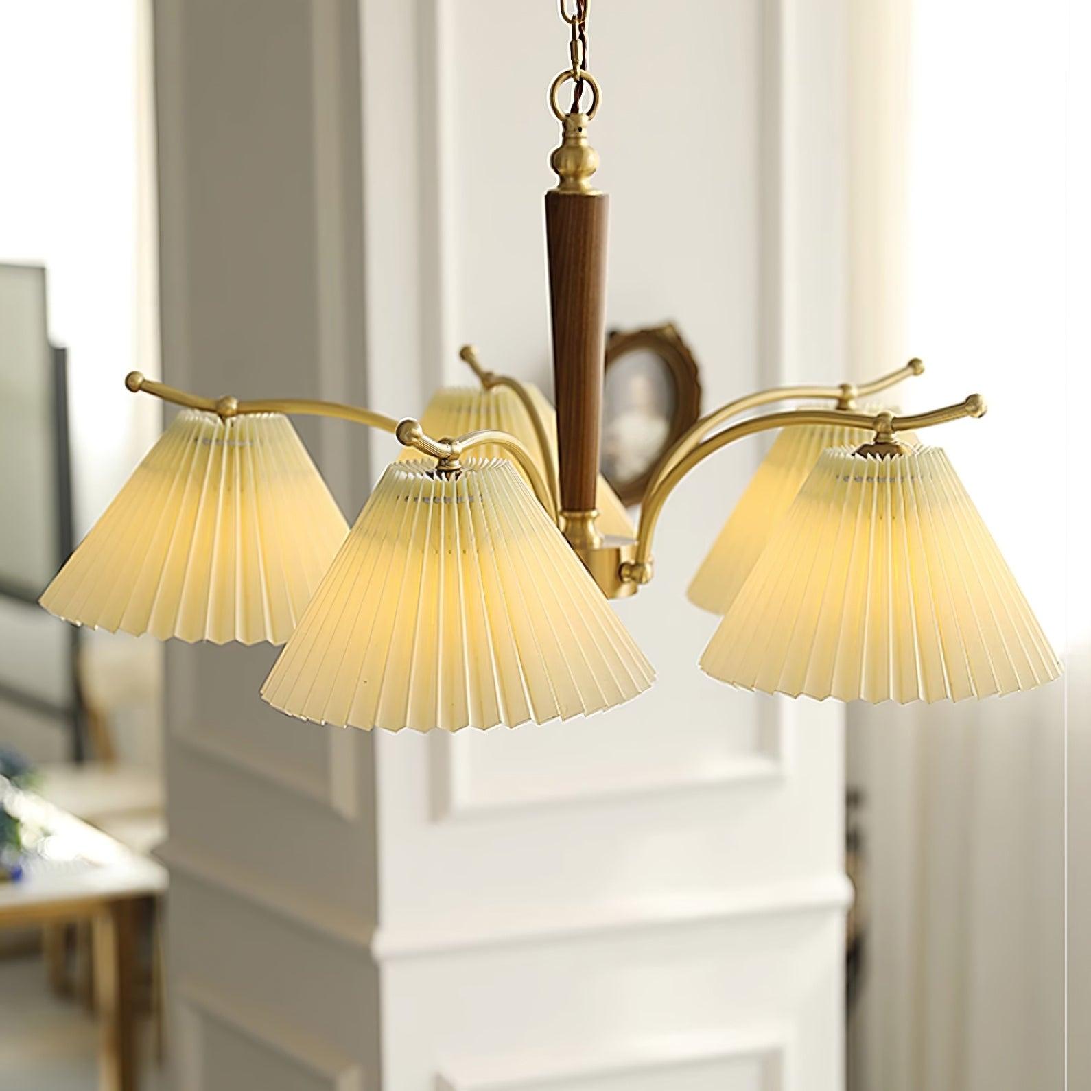 Chandelier Pleated Fabric Shades Walnut Brass Arms Warm Retro - Neutralighting