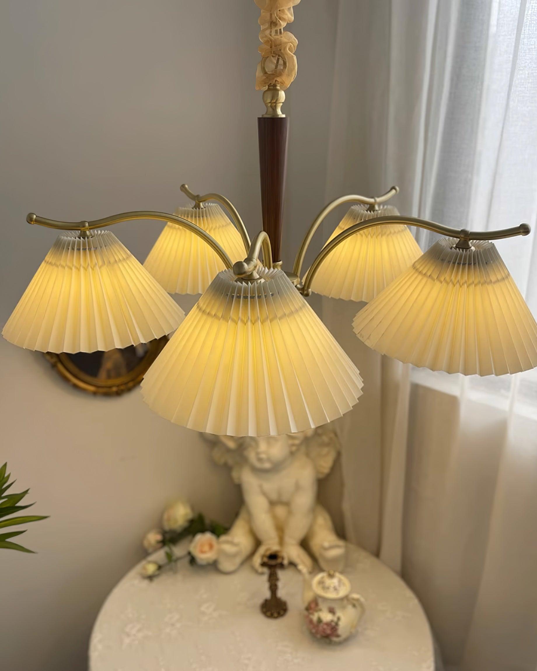 Chandelier Pleated Fabric Shades Walnut Brass Arms Warm Retro - Neutralighting