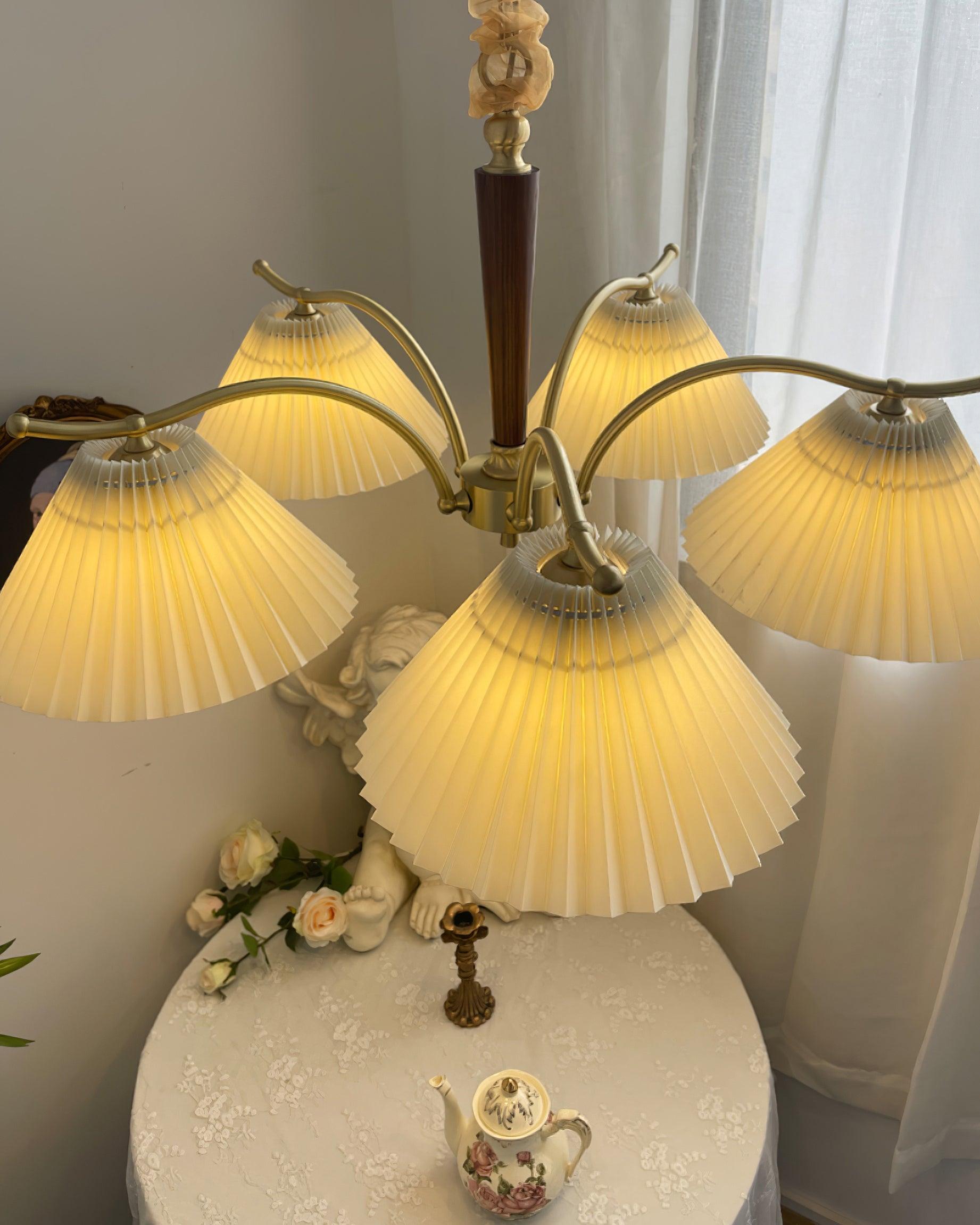 Chandelier Pleated Fabric Shades Walnut Brass Arms Warm Retro - Neutralighting