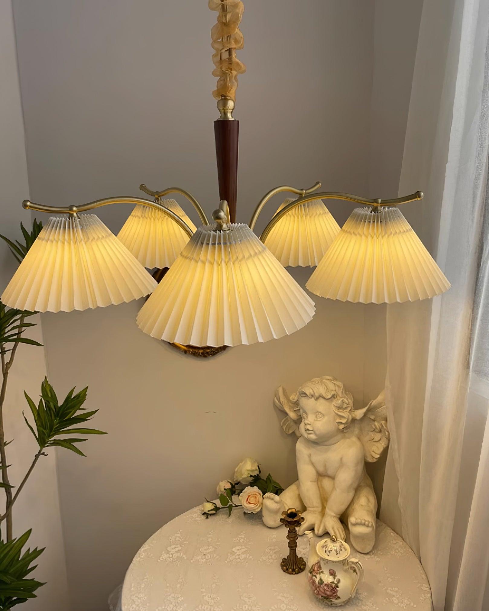 Chandelier Pleated Fabric Shades Walnut Brass Arms Warm Retro - Neutralighting