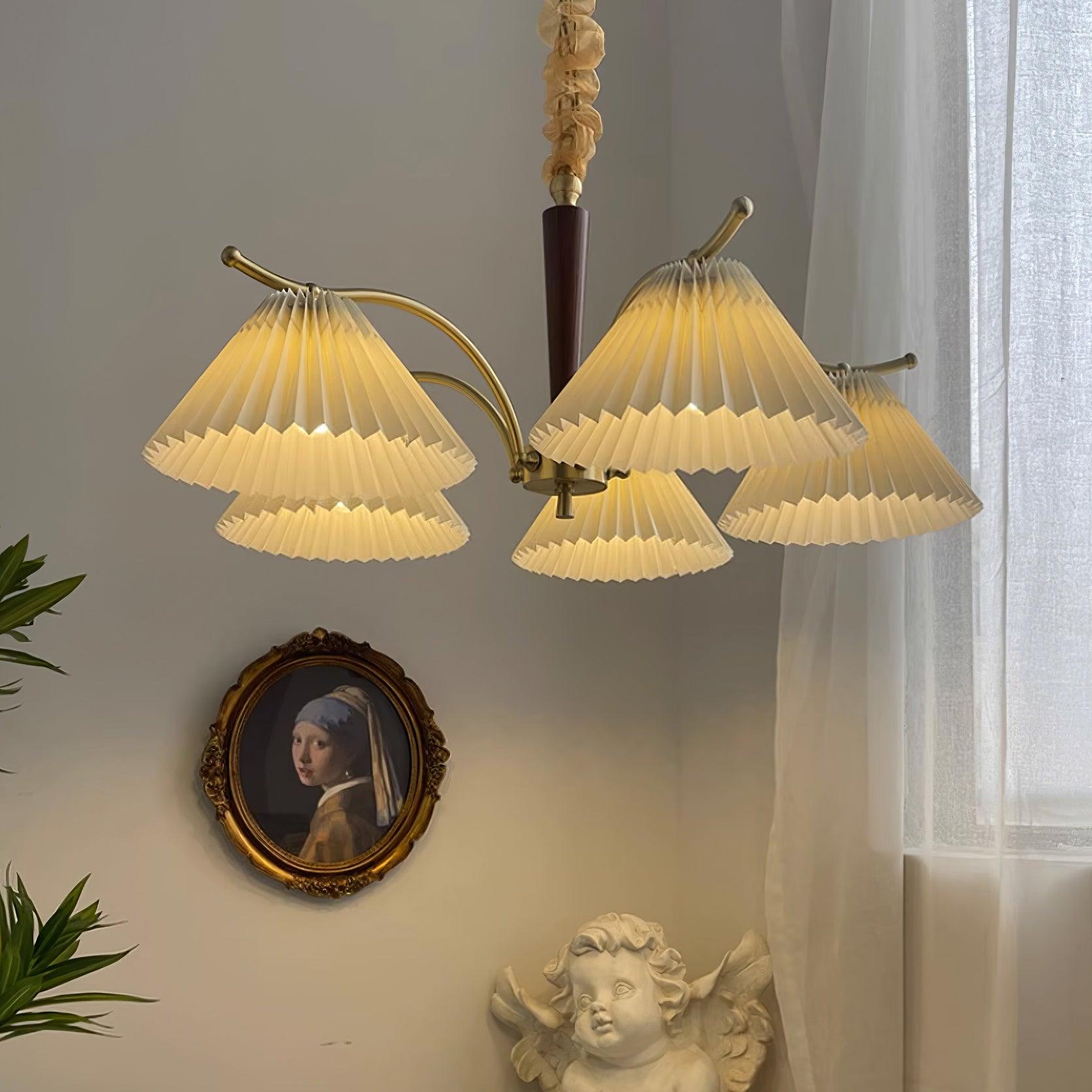 Chandelier Pleated Fabric Shades Walnut Brass Arms Warm Retro - Neutralighting