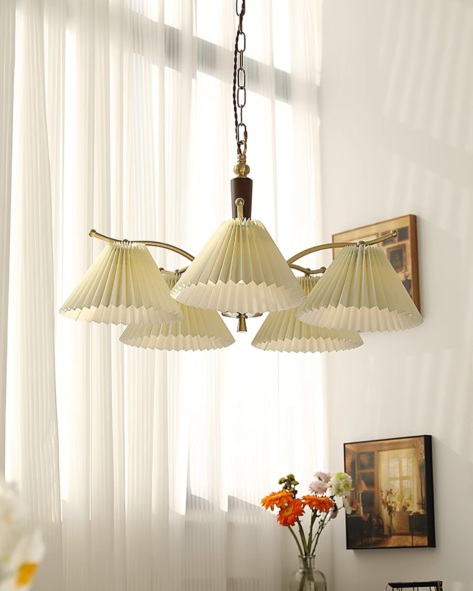 Chandelier Pleated Fabric Shades Walnut Brass Arms Warm Retro - Neutralighting