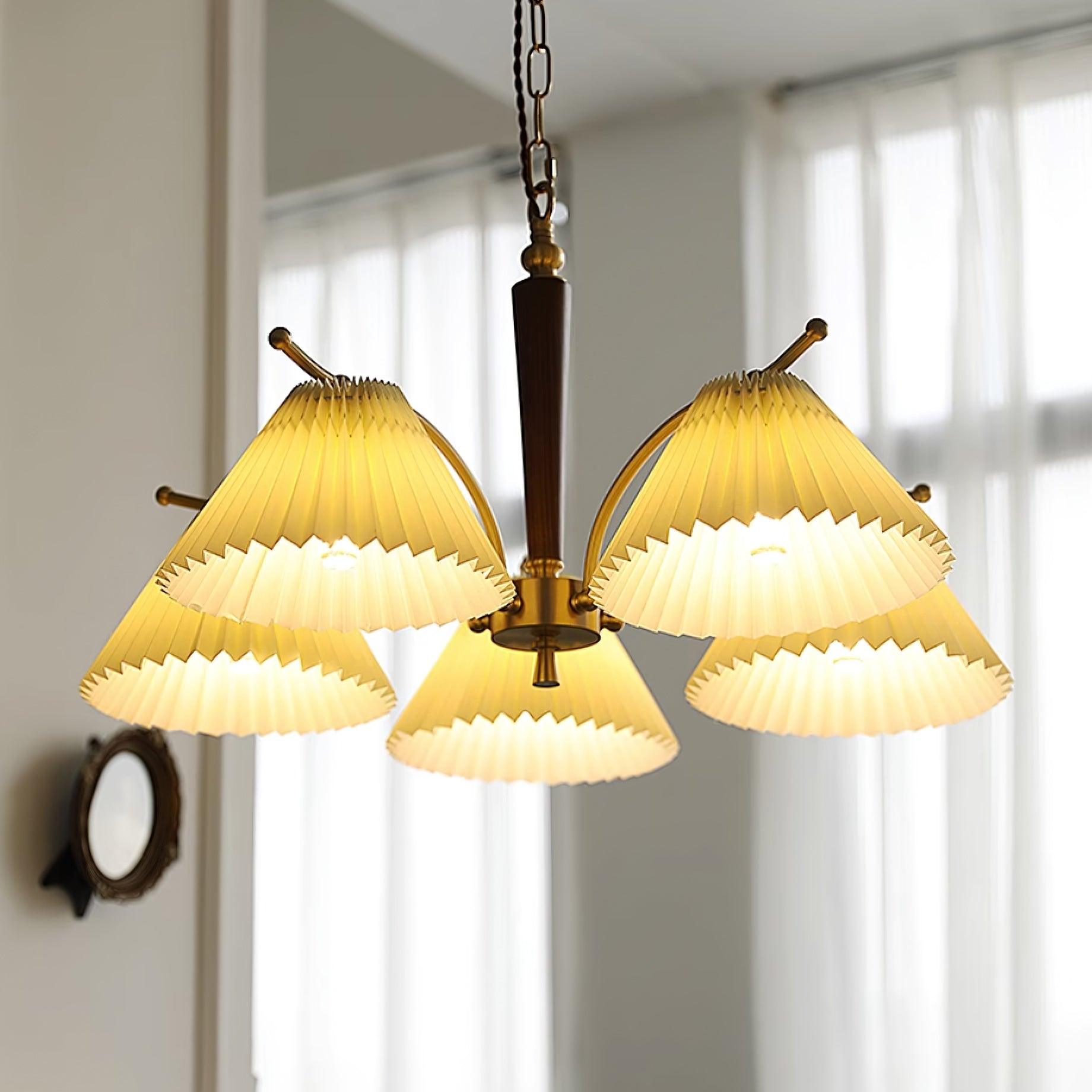 Chandelier Pleated Fabric Shades Walnut Brass Arms Warm Retro - Neutralighting