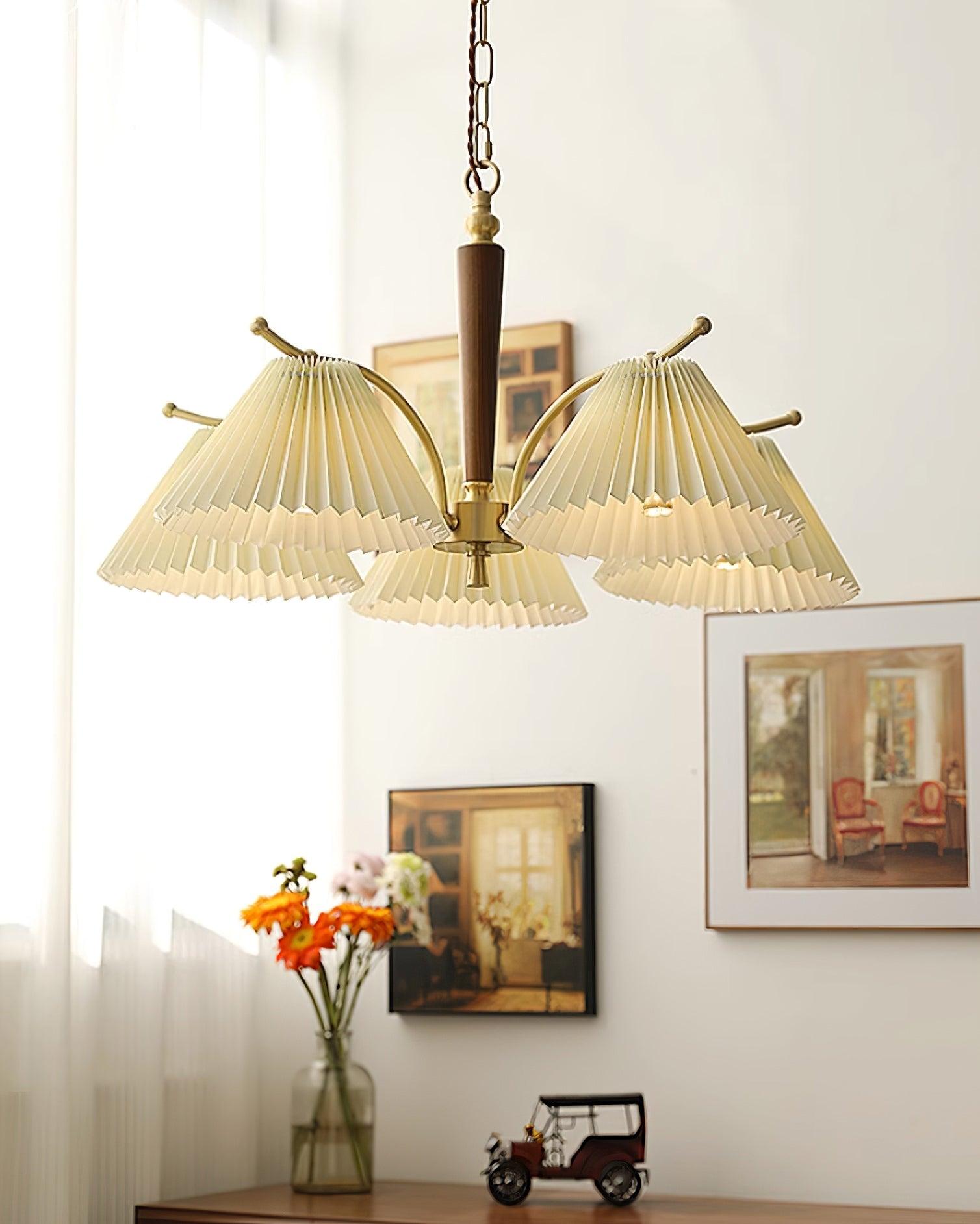 Chandelier Pleated Fabric Shades Walnut Brass Arms Warm Retro - Neutralighting