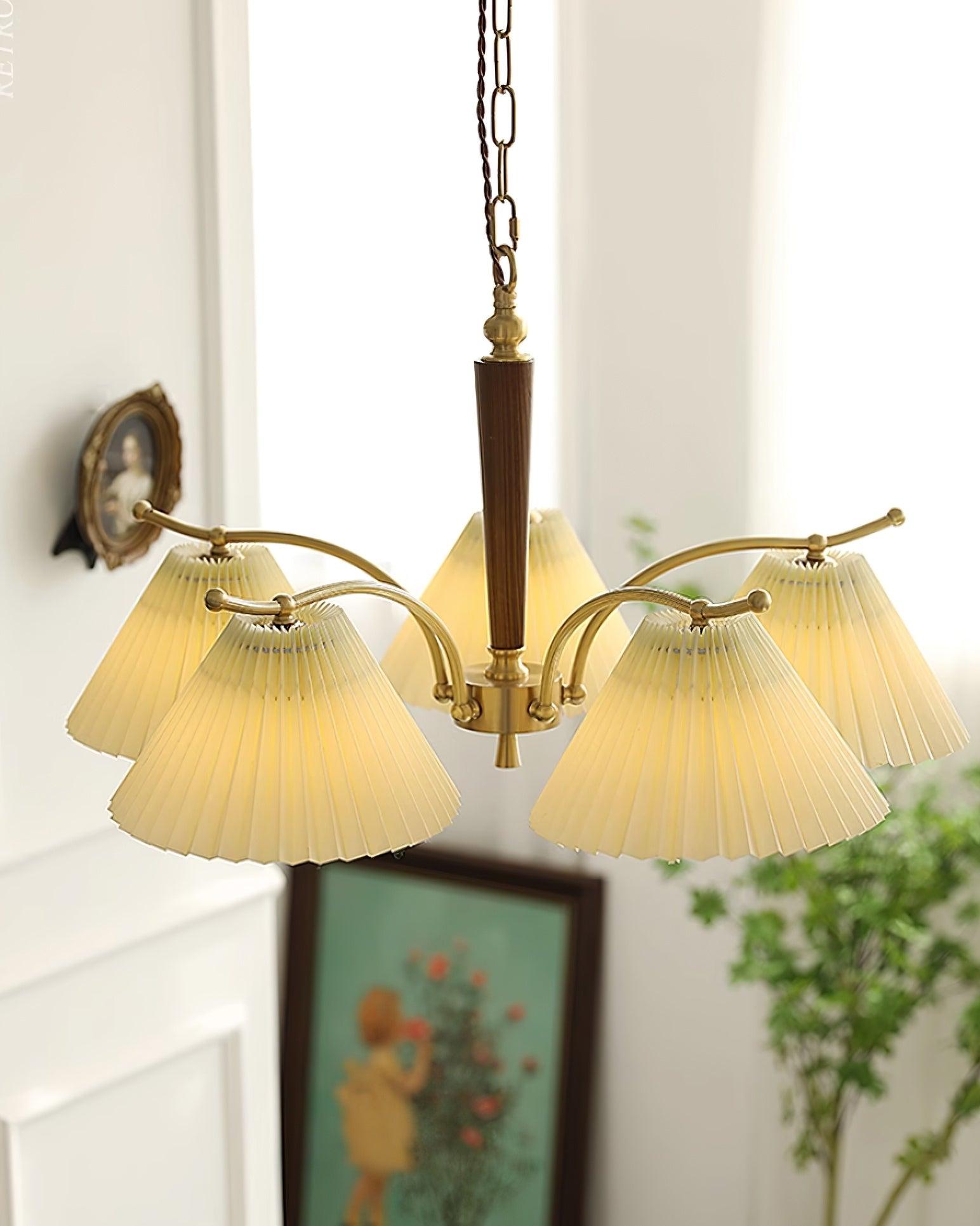 Chandelier Pleated Fabric Shades Walnut Brass Arms Warm Retro - Neutralighting