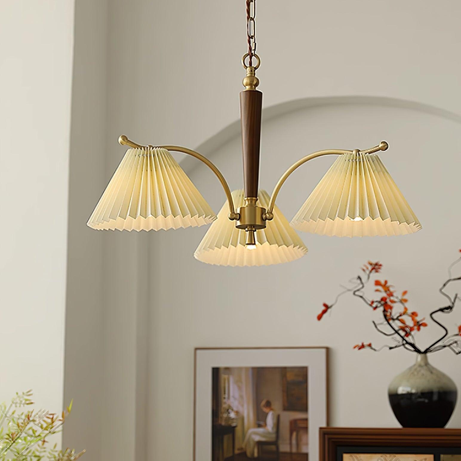 Chandelier Pleated Fabric Shades Walnut Brass Arms Warm Retro - Neutralighting