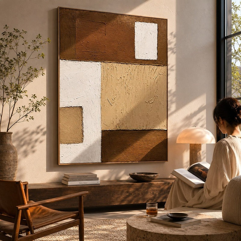 Wall Art Neutral Patchwork Linear Texture Oil Painting