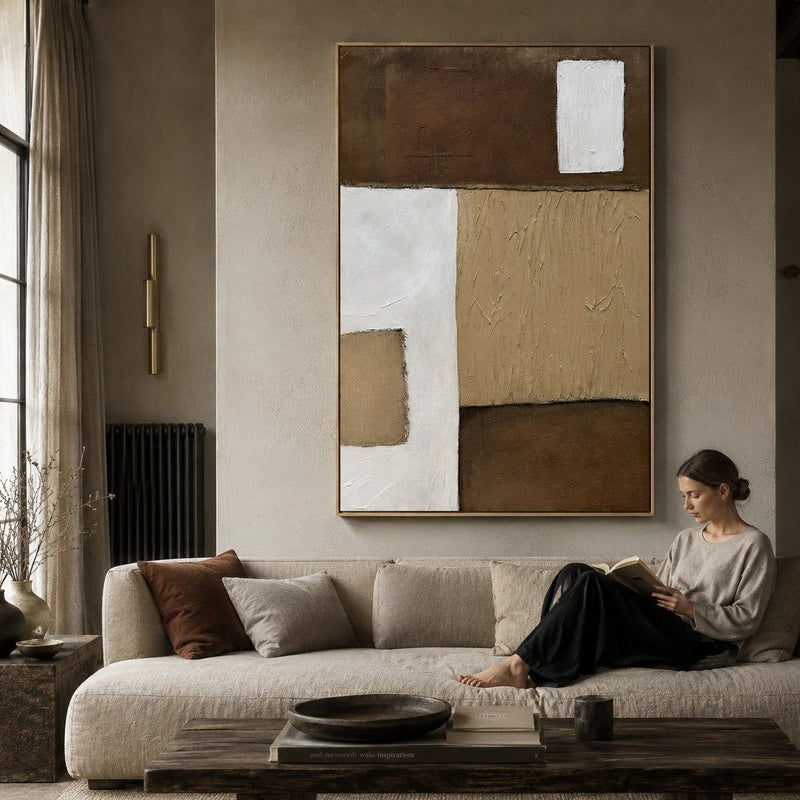 Wall Art Neutral Patchwork Linear Texture Oil Painting