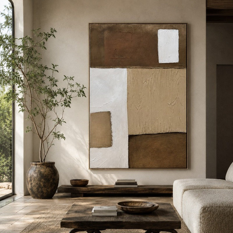 Wall Art Neutral Patchwork Linear Texture Oil Painting