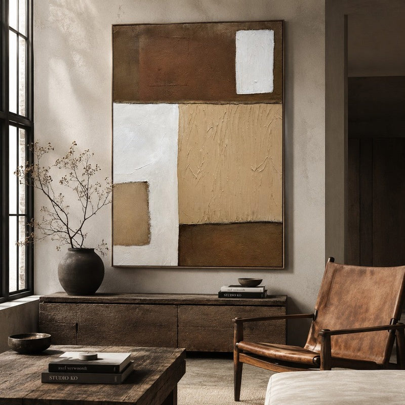 Wall Art Neutral Patchwork Linear Texture Oil Painting