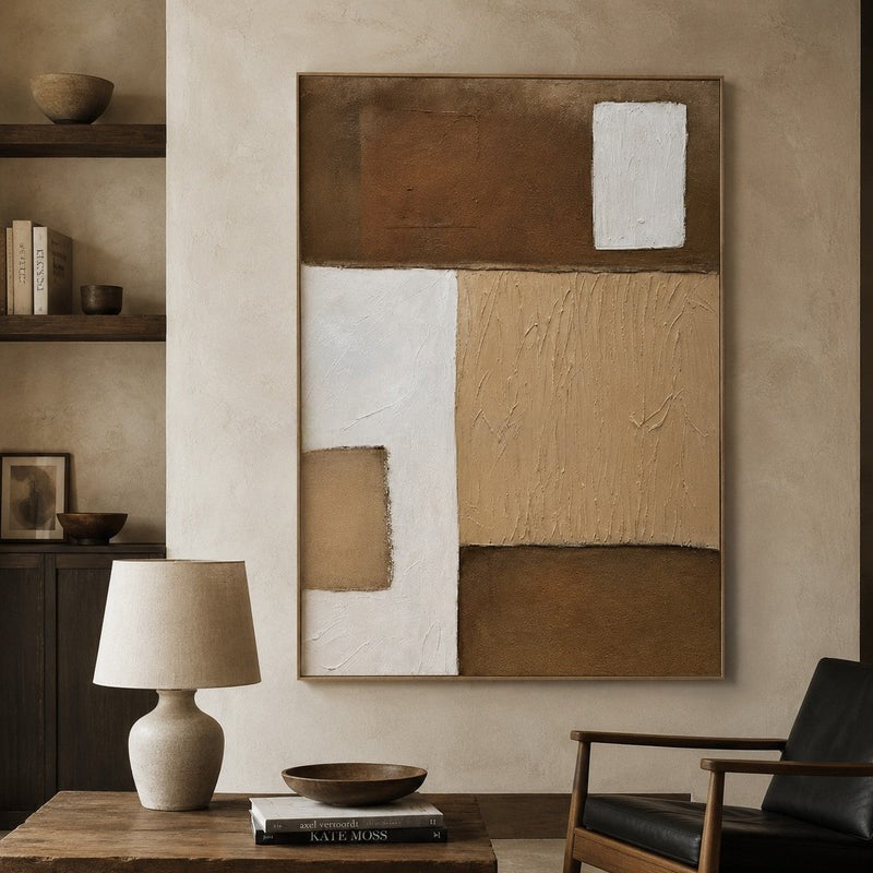 Wall Art Neutral Patchwork Linear Texture Oil Painting