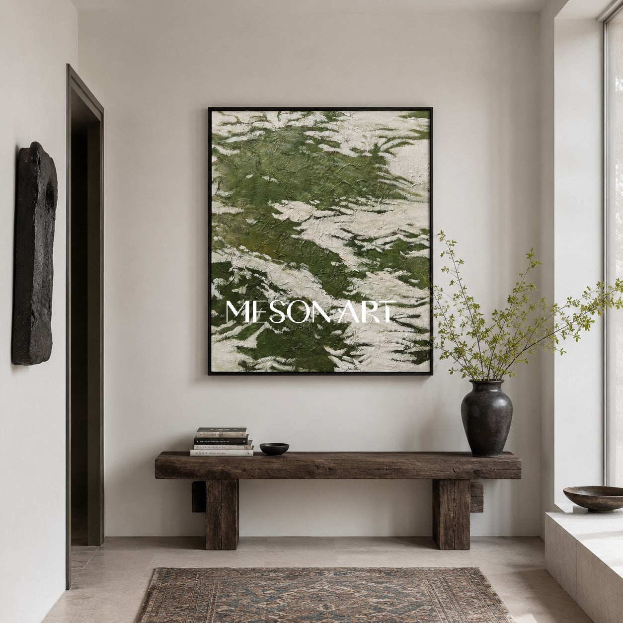 Set of 3 Green And White Triptych Painting