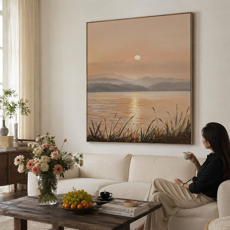 Wall Art Golden Sunset Lake Landscape Impasto