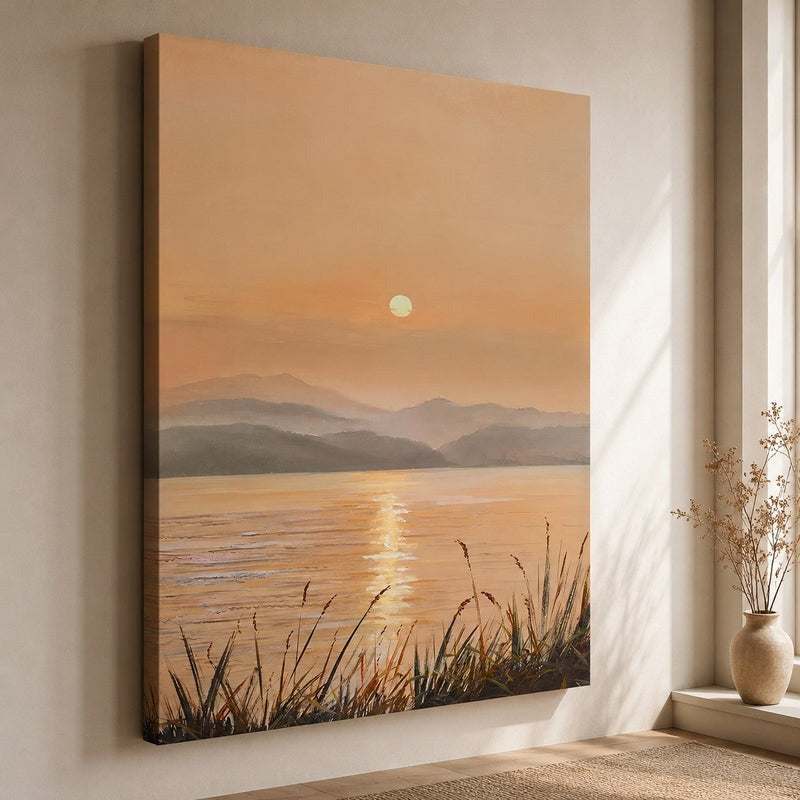 Wall Art Golden Sunset Lake Landscape Impasto