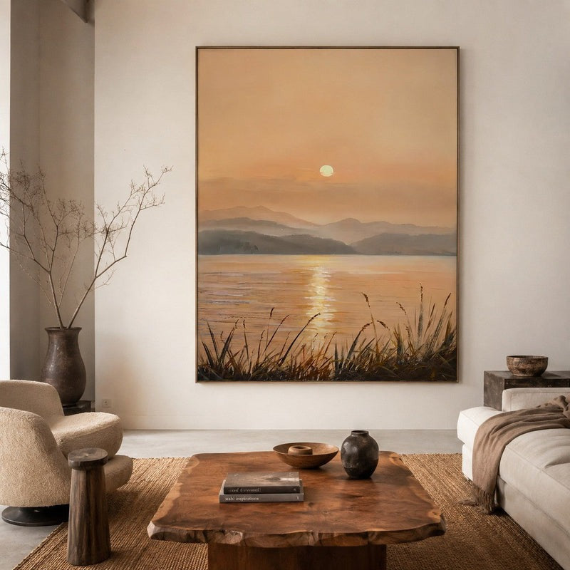 Wall Art Golden Sunset Lake Landscape Impasto