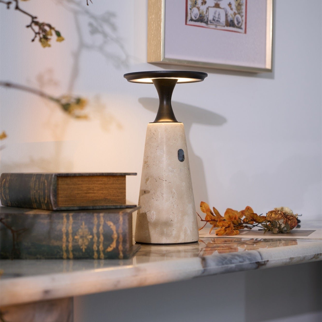 Vespera Sculptural Travertine Table Lamp - Neutralighting