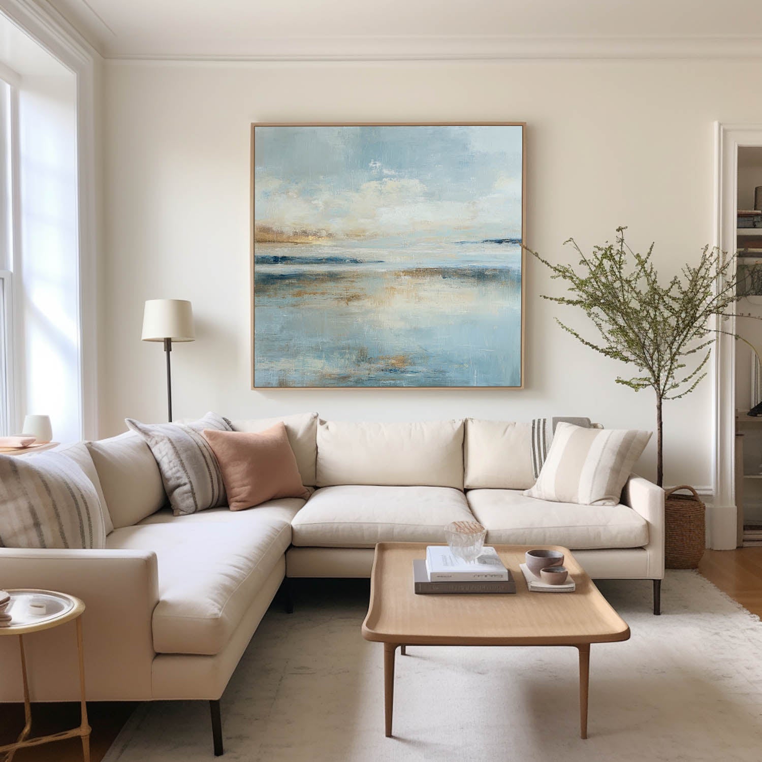 Blue‑Beige‑Gold Square Abstract Coastal Seascape Textured Artwork