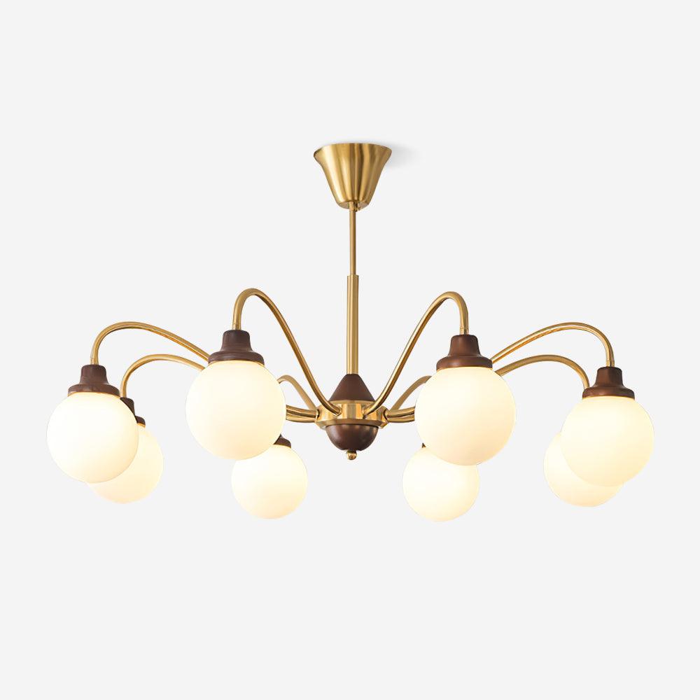 Chandelier Gold Arms&Ash Wood White Glass Globes Retro - Neutralighting