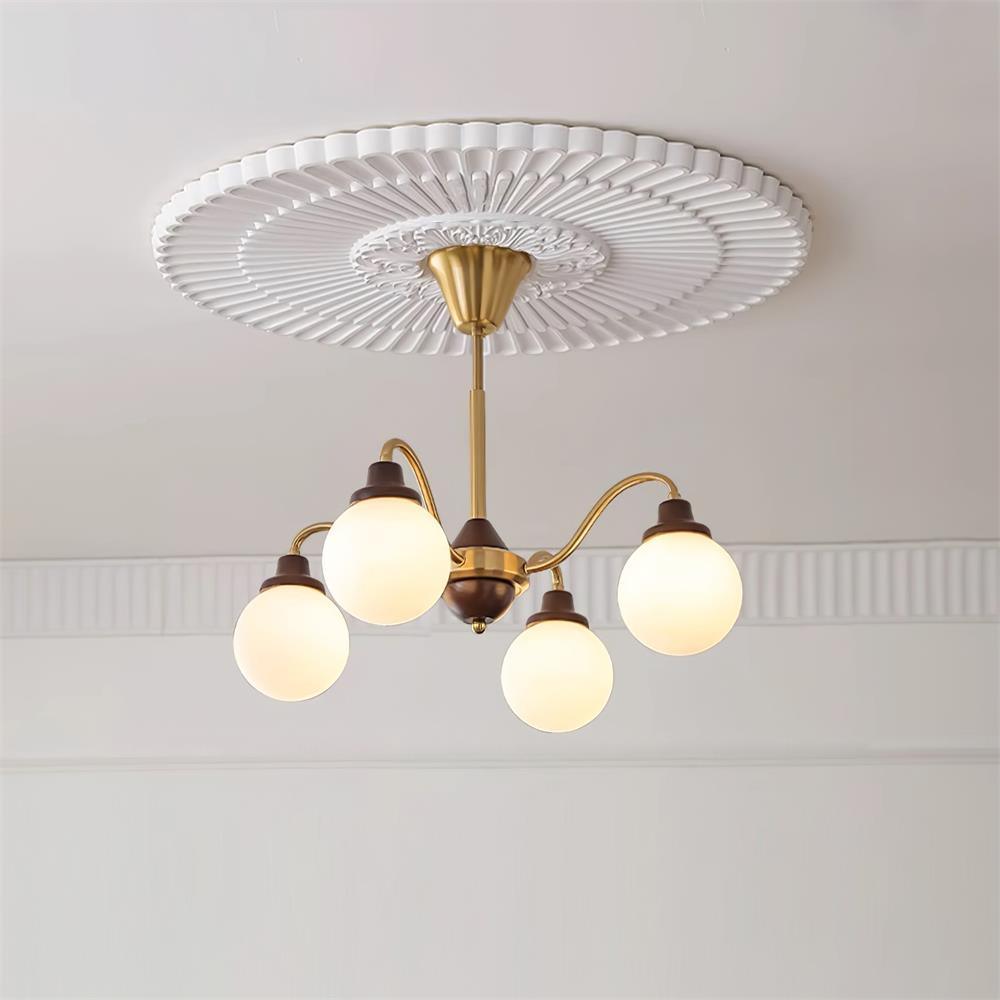 Chandelier Gold Arms&Ash Wood White Glass Globes Retro - Neutralighting
