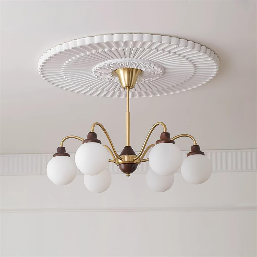 Chandelier Gold Arms&Ash Wood White Glass Globes Retro - Neutralighting