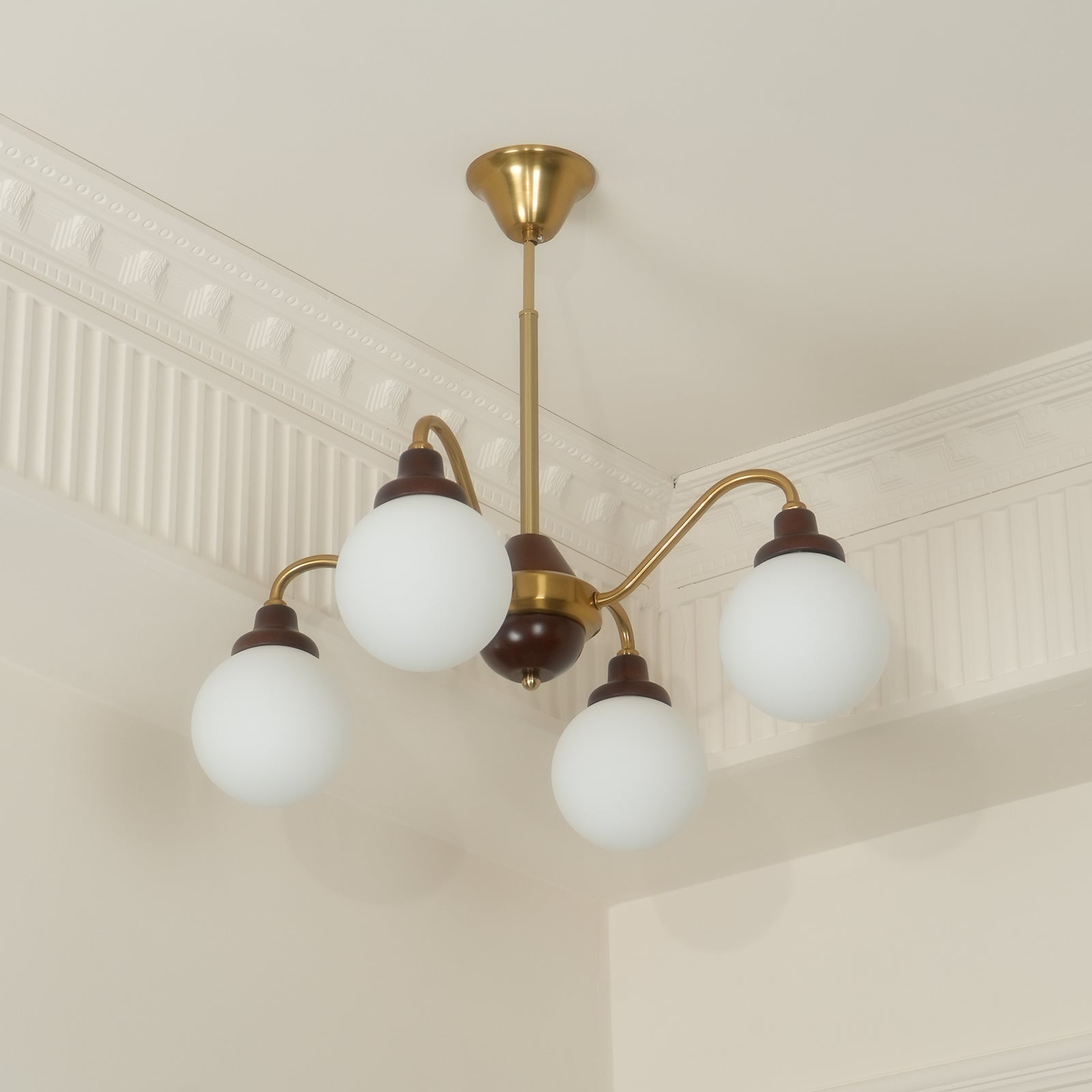 Chandelier Gold Arms&Ash Wood White Glass Globes Retro - Neutralighting