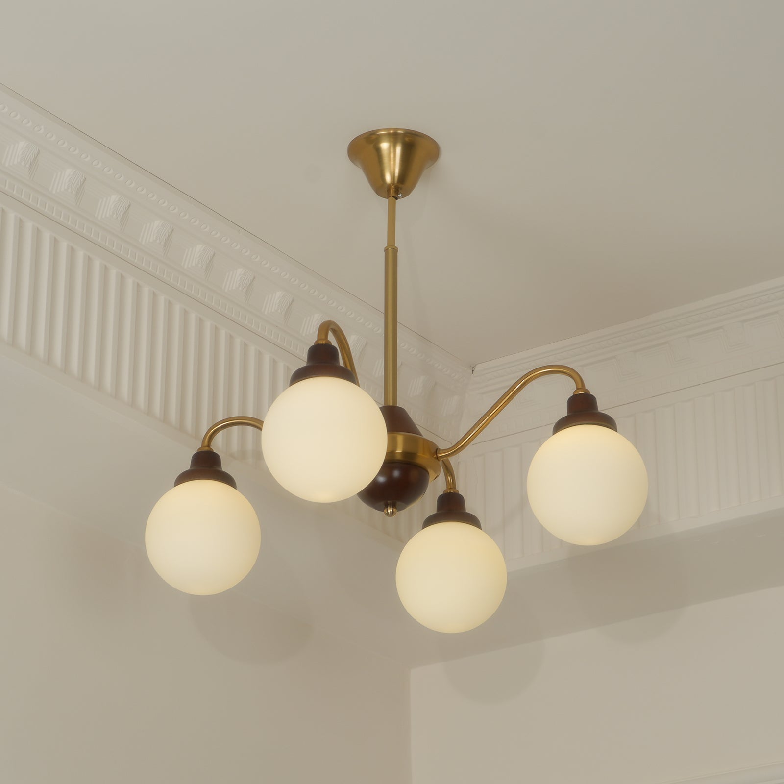 Chandelier Gold Arms&Ash Wood White Glass Globes Retro - Neutralighting