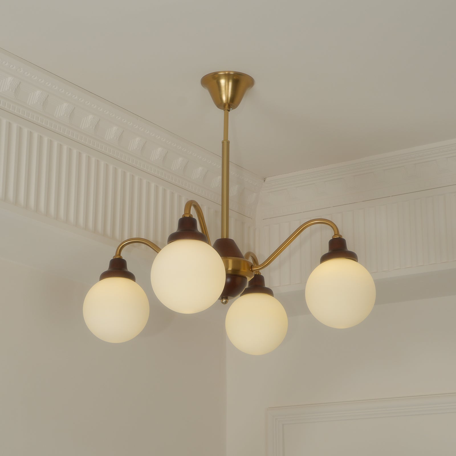 Chandelier Gold Arms&Ash Wood White Glass Globes Retro - Neutralighting
