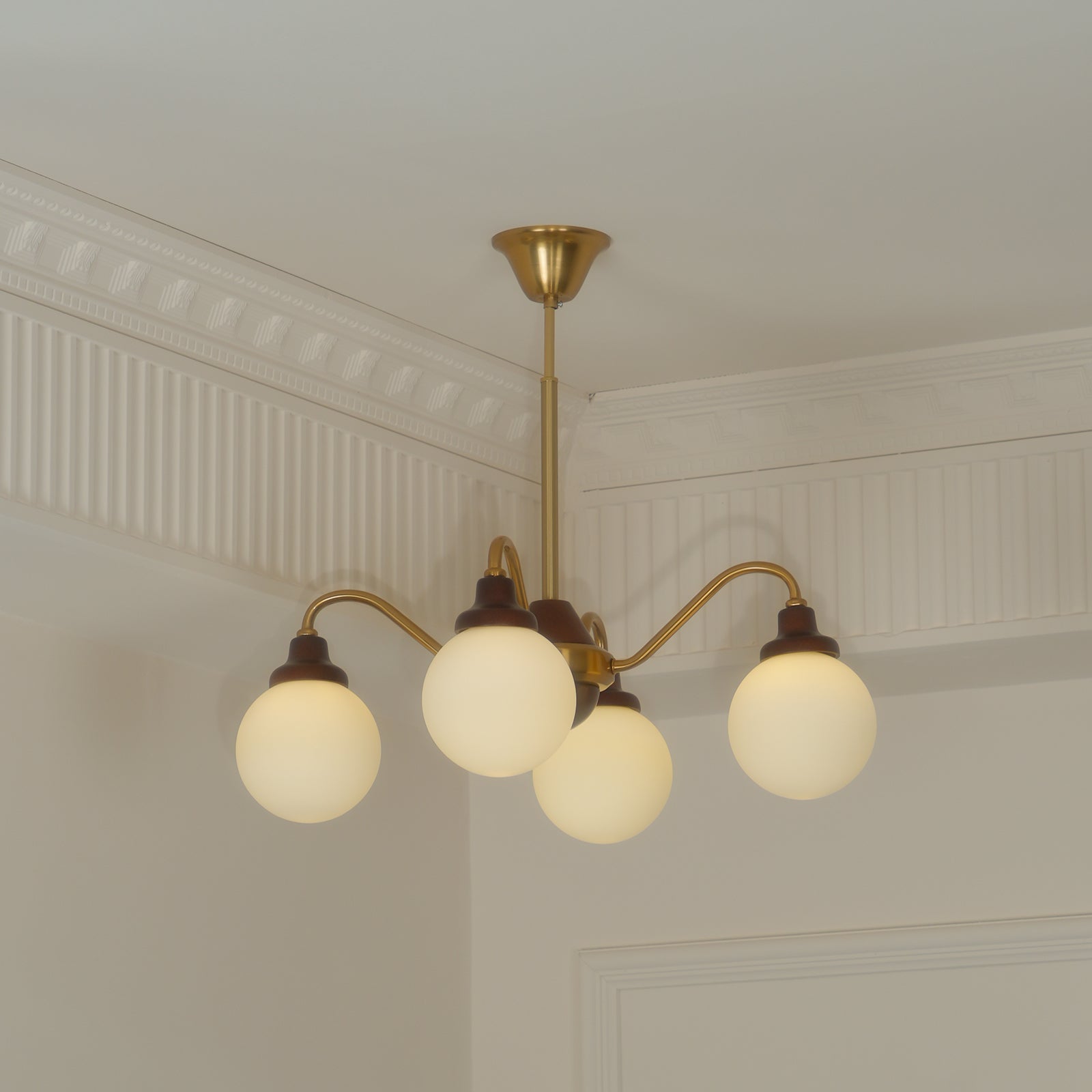 Chandelier Gold Arms&Ash Wood White Glass Globes Retro - Neutralighting