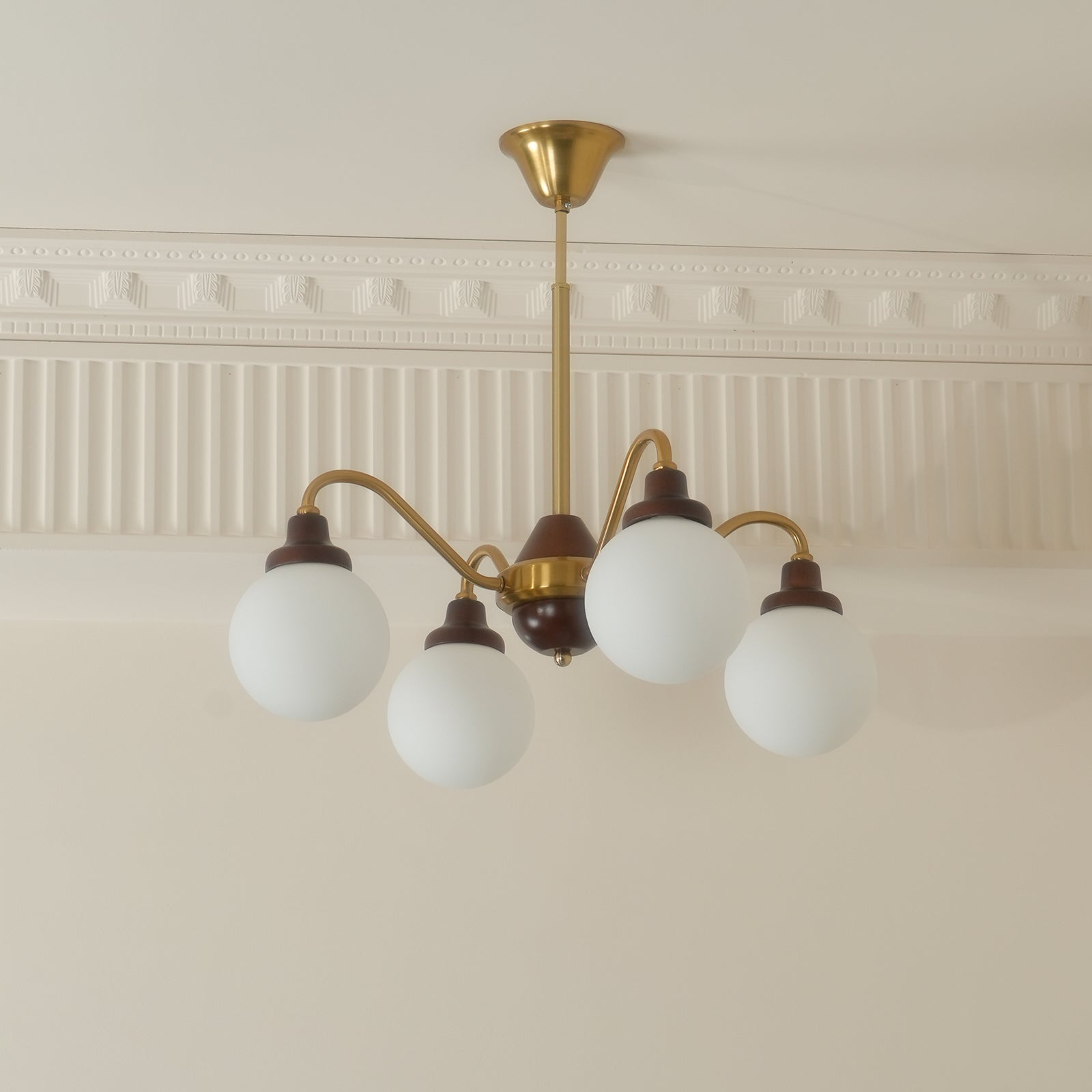 Chandelier Gold Arms&Ash Wood White Glass Globes Retro - Neutralighting