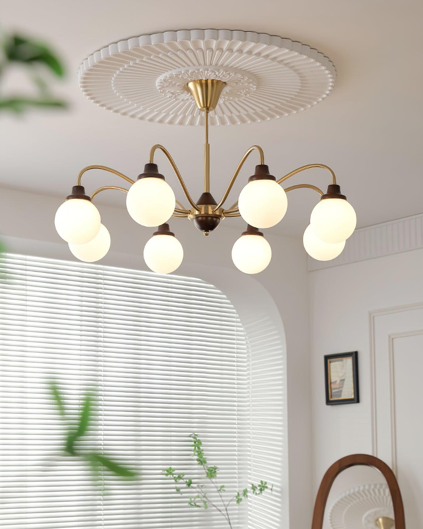 Chandelier Gold Arms&Ash Wood White Glass Globes Retro - Neutralighting